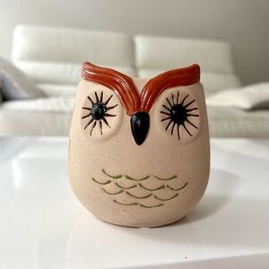 Charming Whimsical Beige Owl Small Stoneware Planter Succulent Pot